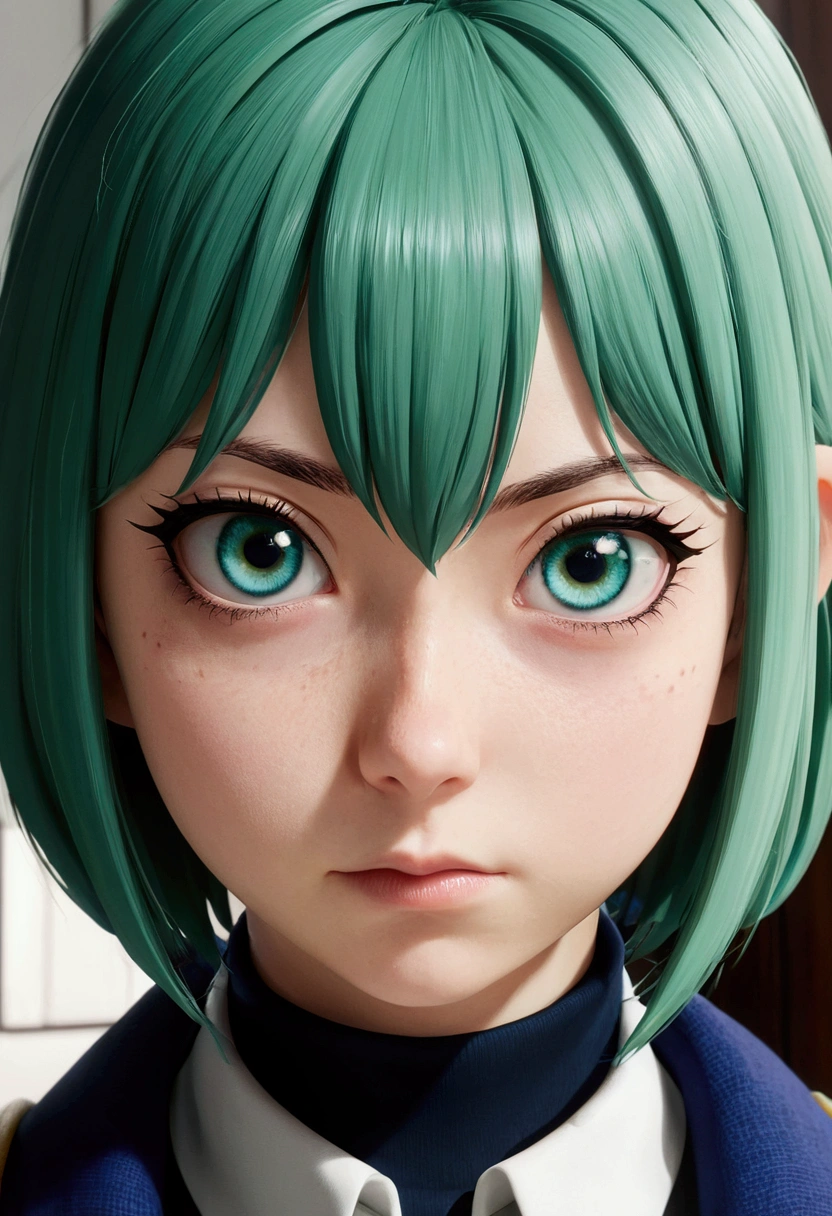 Boku no hero academia screenshot. cute girl . with blue eyes and triangular shape and small ,short hair, green color .with a cold expression and dark circles , the bangs in the shape of "m". with very extensive eyeliner that leaves your face.