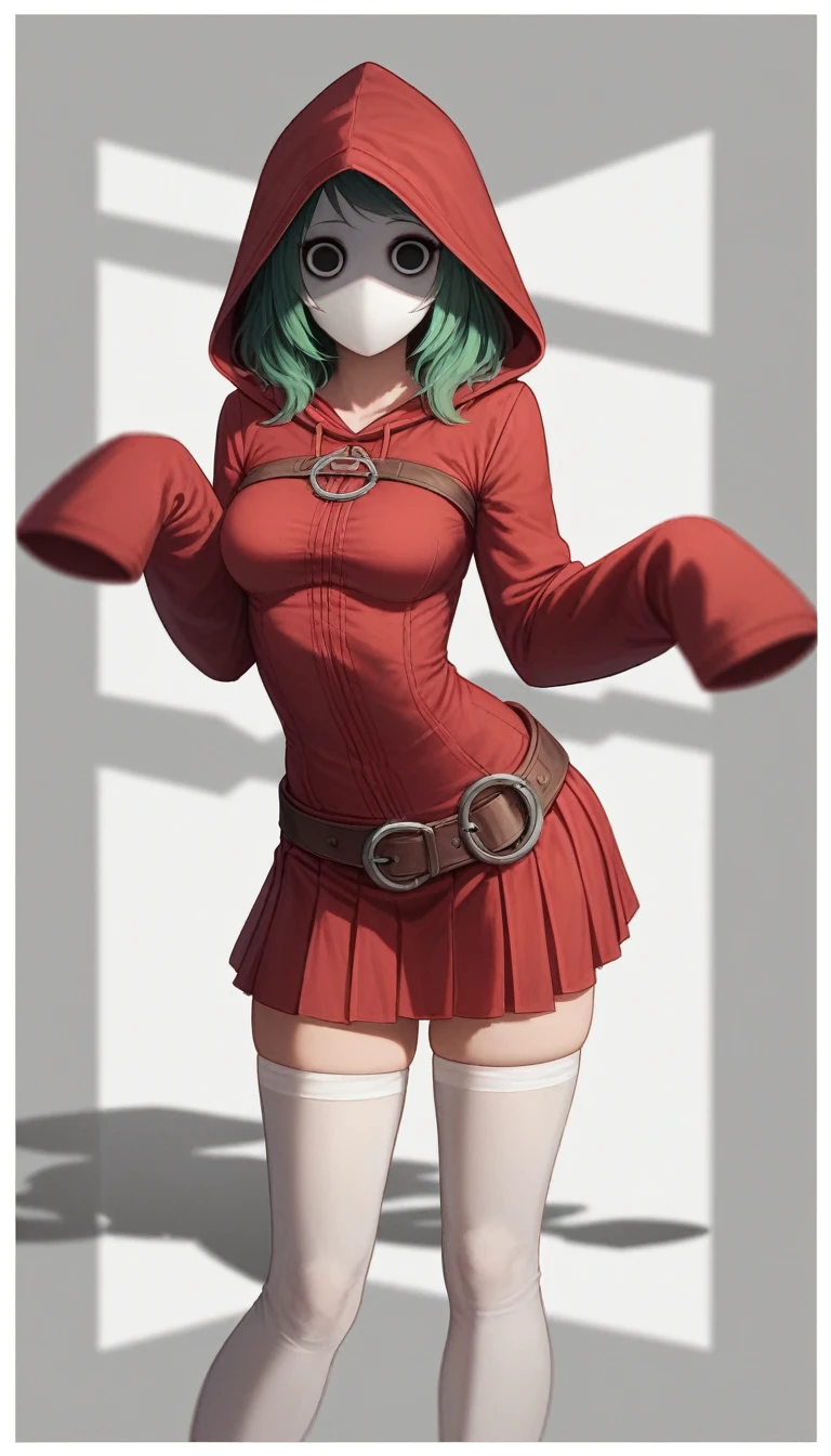((shygal)), mask, eyelashes, [solid background], [[light blue background]], (white border), (shaded), [3d], sleeves past wrists, (round eyes, wide eyes), (shadow), cartoony, (faceless), green hair, black eyes, breasts, no nose, 1girl, solo, [[belt]], (standing), clothes stretch, ((red hood), red skirt, hood, white thighhighs) masterpiece, (best quality:1.2), sharp image, detailed image, detailed face, perfect lighting, (perfect shadows), perfect face, (detailed background, depth of field), (4k, 2k, absurd res), bend over nsfw huge tits thicc good hands 