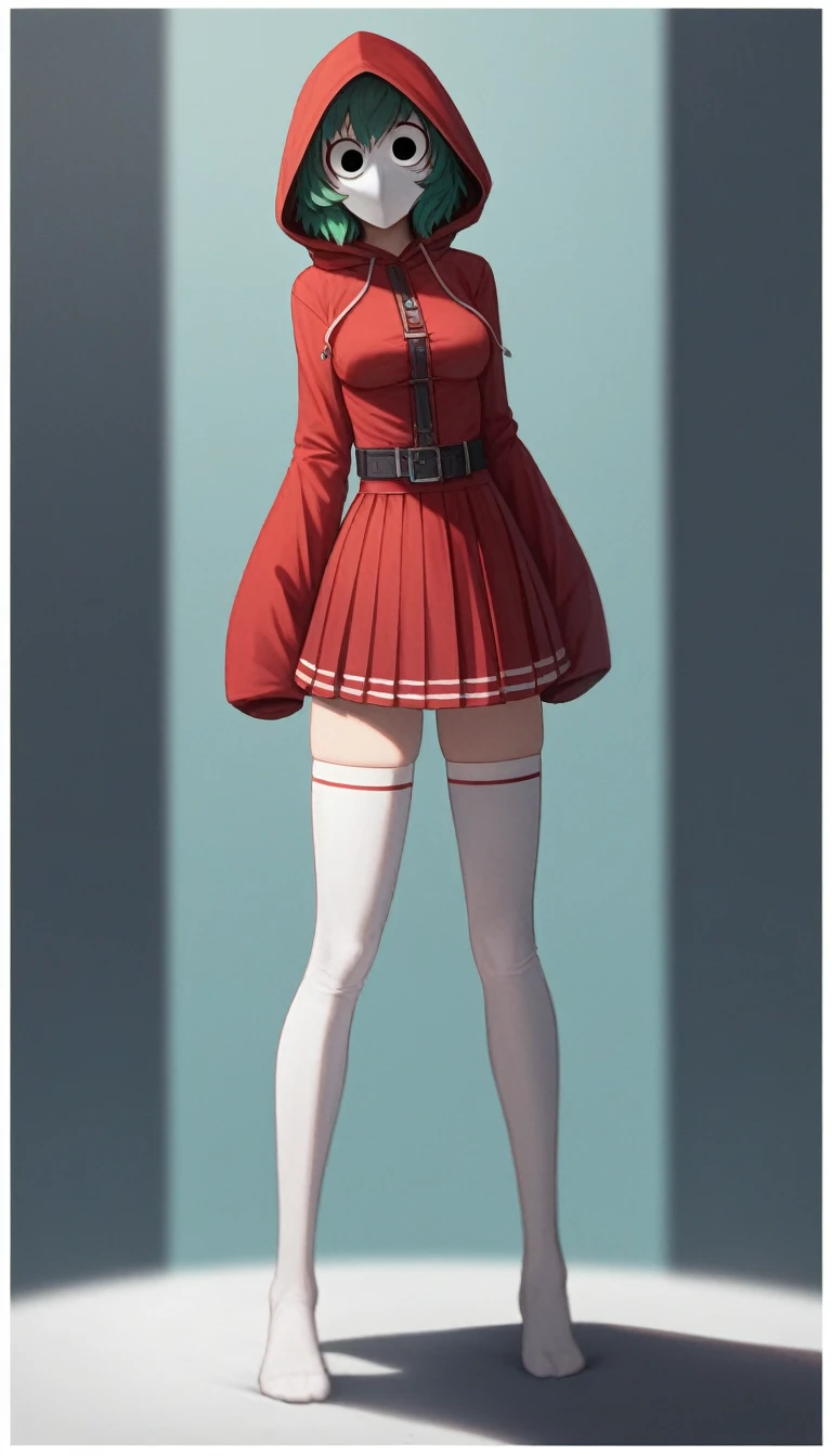 ((shygal)), mask, eyelashes, [solid background], [[light blue background]], (white border), (shaded), [3d], sleeves past wrists, (round eyes, wide eyes), (shadow), cartoony, (faceless), green hair, black eyes, breasts, no nose, 1girl, solo, [[belt]], (standing), clothes stretch, ((red hood), red skirt, hood, white thighhighs) masterpiece, (best quality:1.2), sharp image, detailed image, detailed face, perfect lighting, (perfect shadows), perfect face, (detailed background, depth of field), (4k, 2k, absurd res), bend over nsfw huge tits thicc good hands 