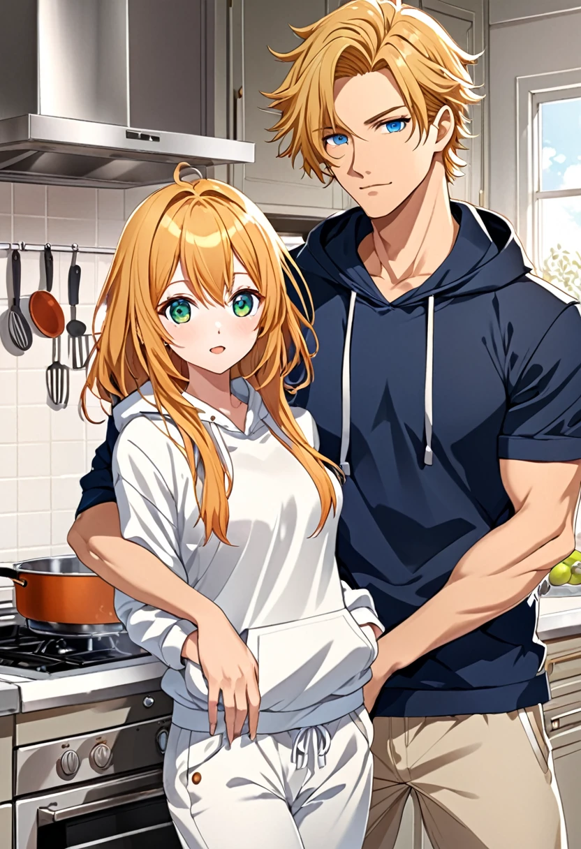MODEL 1: Anime young woman, blonde hair, fringe reparted in three parts, long and waivy hair, light and bright blue eyes, chic and simple clothes, housewife mother, volumous chest, kitchen background. MODEL 2: Anime young man, orange short messy hair, fringe reparted on the side in two parts, simple hoodie and loose pants, olive-green eyes, kitchen background.