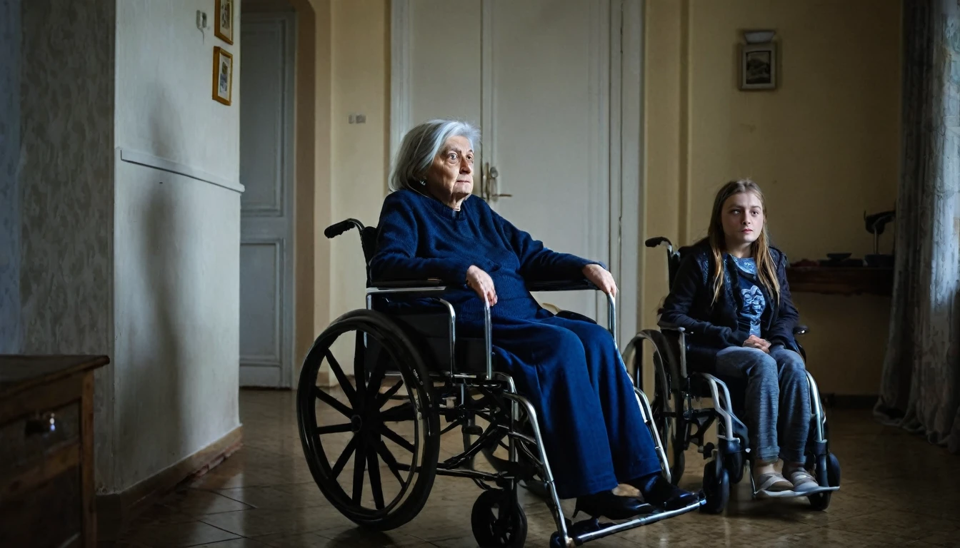 Bad looking old woman in wheelchairs, with her 27 years old daughter, beautiful room, low light, gloomy weather