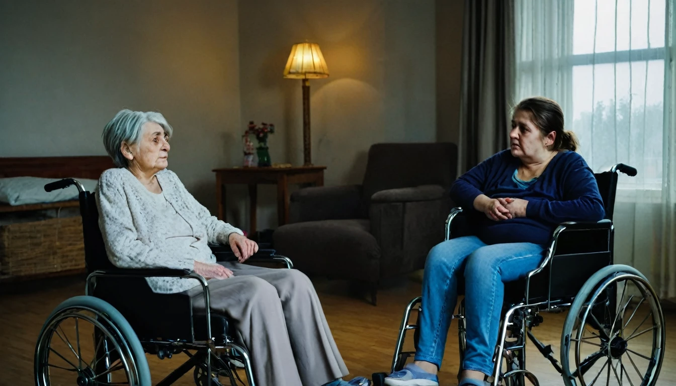 Bad looking old woman in wheelchairs, with her 27 years old daughter, beautiful room, low light, gloomy weather