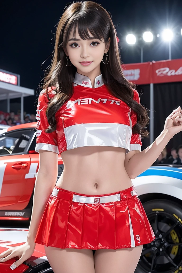 (masterpiece), ( MotoGP racing girls), (eyeliner:0.5),(blush:0.5), black fur, a slight smile, beautifully繊細な少女を指す, very detailed eyes and face, beautifully繊細な目, , ((Event List)), (MotoGP track background), (of the highest quality, High resolution, reality, original, 8k,masterpiece, ),(((dynamic pose))),(((Central perspective))),(((Shows the bottom of the chest. ))),(((Red miniskirt lift))),(((bare inner thighs))),(((F1 cars on display))), (vibrant colors:1.2), (beautifully),