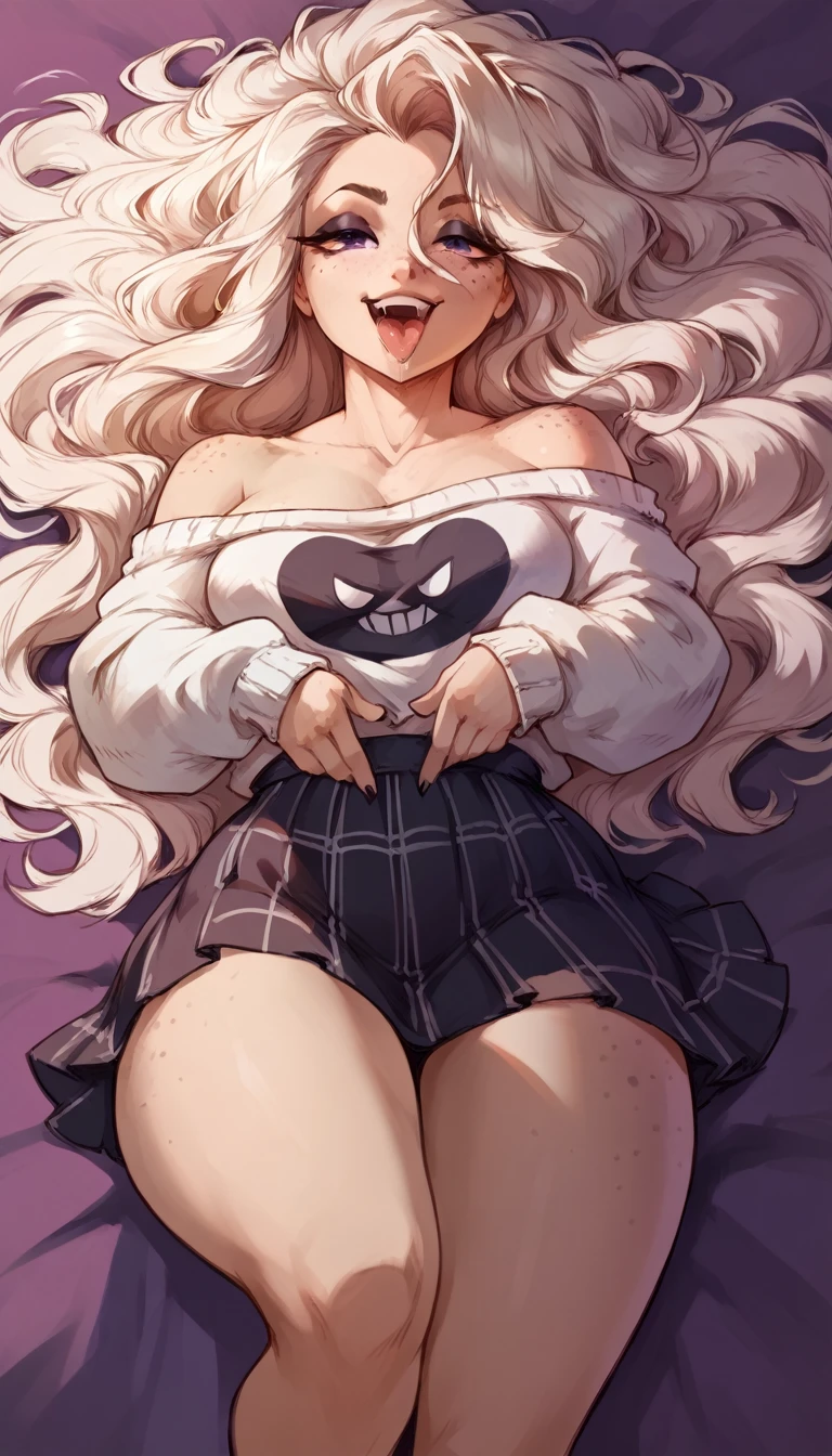 (solo) female anthro woman, long fluffy hair, woman, attractive, goth, off-the -shoulder short summer blouse,pattern skirt, fit body, ,, thicc, freckles, freckles on face, smug eyes, (happy sexual expression, moaning with open mouth and tongue out viseble saliva), she is laying on the bed look to the viewer , on back, violet background, simple background, thick thighs (front view)
