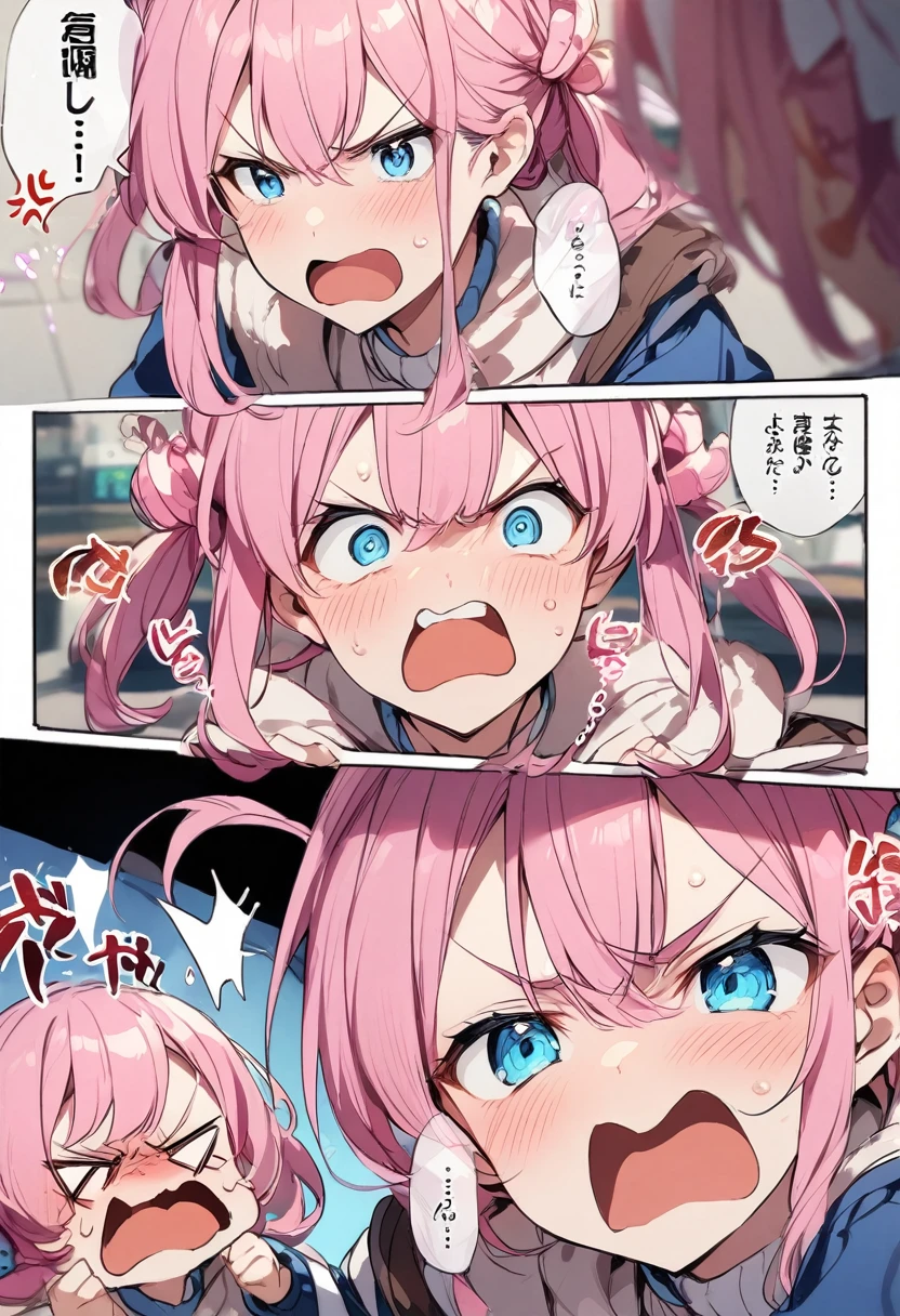 Frustrating, Angry、Pink Hair、blue eyes、Twin Drill
