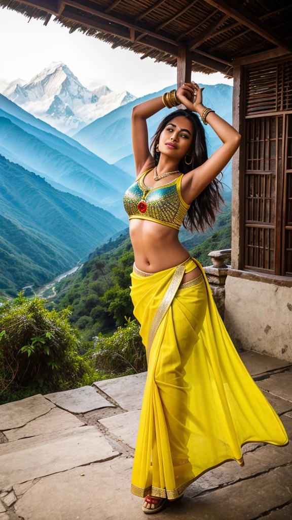 A beautiful sexy woman dancing with wear wear saree in front of Himalaya valley scenery with high regulation & contrasting. Dance music play like dj sound.