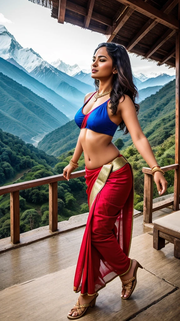 A beautiful sexy woman dancing with wear wear saree in front of  Himalaya valley scenery  with high regulation & contrasting. Dance music play like dj sound.