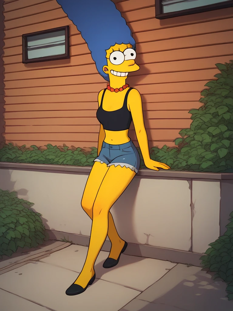 marges, blue hair, 1girl, solo, yellow skin, pearl necklace, jean shorts, smile, score_9, score_8_up, score_7_up, score_6_up, score_5_up, score_4_up, looking at viewer,outdoors, portrait, full body, zPDXL flat color,