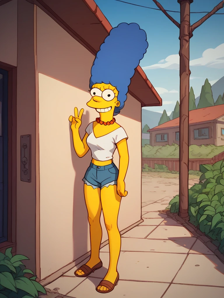 marges, blue hair, 1girl, solo, yellow skin, pearl necklace, jean shorts, smile, score_9, score_8_up, score_7_up, score_6_up, score_5_up, score_4_up, looking at viewer,outdoors, portrait, full body,  zPDXL flat color,