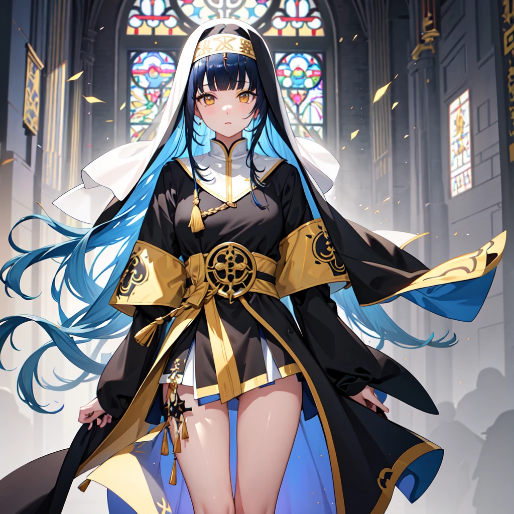 1 girl、(church)、Stained glass、Depth of written boundary、The focus is clear、sun rays、Good composition、(Bokeh:1.2) 1 girl、solo、(Half Body)、(Mouth closed)、The fine details are beautiful、Pause(knifeを持つ)、Waistline、(((Black ceremonial clothing)))、Messy Hair、Long hair floating in the wind、hiqcgbody、((Blunt Bangs))、Blue Hair、Yellow Eyes、((long hair))、Medium breast、Sister、Nun、knife、scimitar、偃月knife、Face Veil、masterpiece, Anatomically correct,