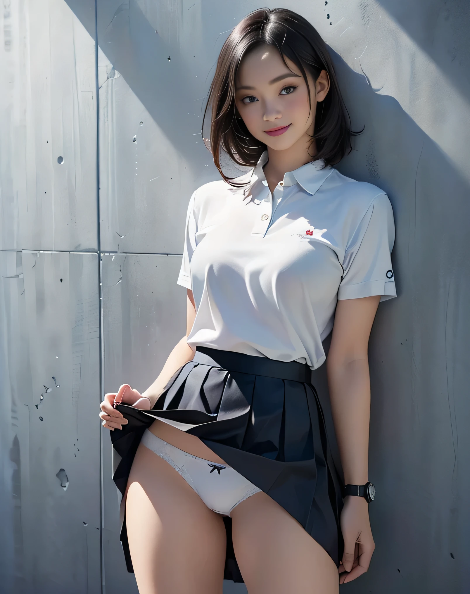 (photorealistic:1.6),(High resolution:1.6),(solo, one woman:1.5),(cool woman),(Japanese:1.3),(black hair:1.3),(Elegant hairstyle:1.1),chuuChloe,(Shy smile:1.5),(glimpse panties),(Lifted Skirt:1.5),(Girl showing panties:1.4),(wristwatch),(white panties:1.3),(formal style clothes),(concrete wall:1.5),(natural makeup:1.5),(navy skirt),(White polo shirt:1.3),(Mature woman)