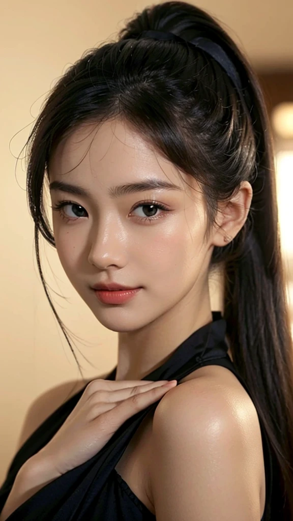 Lipstick in hand,Cosmetics commercial style,Commercial filming studio,close up face,fully body photo,masutepiece, The highest image quality, High quality, the background is clear，Beautiful woman, Japanese, Detailed, Ultra-detailed, finely detail, hight resolution, 8K Wallpaper, Perfect dynamic composition, Beautiful detailed eyes ,Detailed eyes, Detailed skin, Beautiful skin, 超hight resolution, (reality: 1.4),Very beautiful woman, Slightly younger face, Beautiful skin, slender, (Ultra photo realsisim), (hight resolution), (8K), (Very detailed) (beautifully detailed eyes), (super detailed),   (Detailed face), view the viewer, Fine details, Detailed face, Staring straight ahead, Staring straight ahead, photos realistic, Bright lighting, Professional Lighting, Black hair,poneyTail,a baby face,sixteen years old,Hairstyle: ponytail,Long ponytail hairstyle,slight smile,