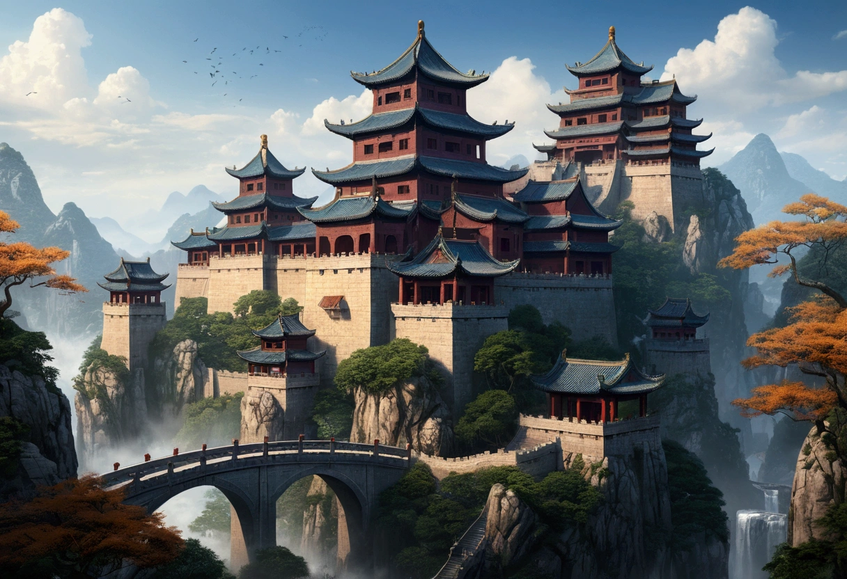 Highest quality,masterpiece,Chinese style castle,landscape,There are no humans,Fantasy,Charming streetscape,Concept Art,Fantasy,high resolution,4K,Atmospheric,Detailed Description,ground-level shot,アニメ