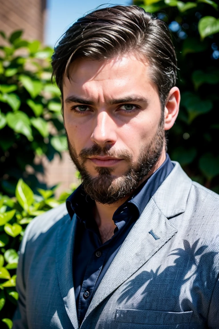 (portrait:1.5), Description: 44-year-old man with confident and friendly appearance. He has dark brown hair, slightly wavy and well combed. His eyes are light brown, expressive and convey intelligence and empathy. He has a touch of maturity to his face. Your skin is clear, with a healthy tone. He wears a light blue shirt and a dark gray blazer, conveying a professional and approachable image. The background is a garden, highlighting Vittorio's face and expression. ((generate an image with a clear and expressive face, with eyes that convey intelligence and empathy))(((clear and expressive face, with eyes that convey intelligence and empathy, and a well-trimmed beard to add maturity.)) ), background garden, morning day, sunlight