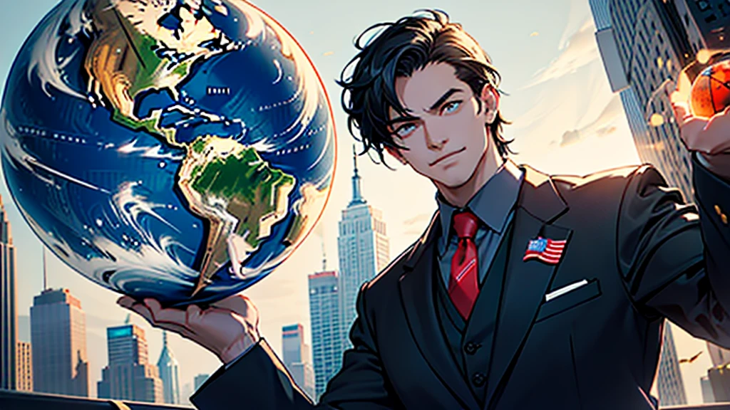 Prompt Title: "English: The Language of Global Power" Prompt Description: Create a YouTube cover that illustrates in a creative and impactful way that conveys an idea of how English became the dominant language on the planet. The image must show a US executive, wearing suit and tie, holding the globe in his hands with a Machiavellian expression and a terrifying smile. Your eyes should glow red, symbolizing influence and control. Ao fundo, glimpses of New York City and the US flag should reinforce the idea of the power and global centrality of the English language.