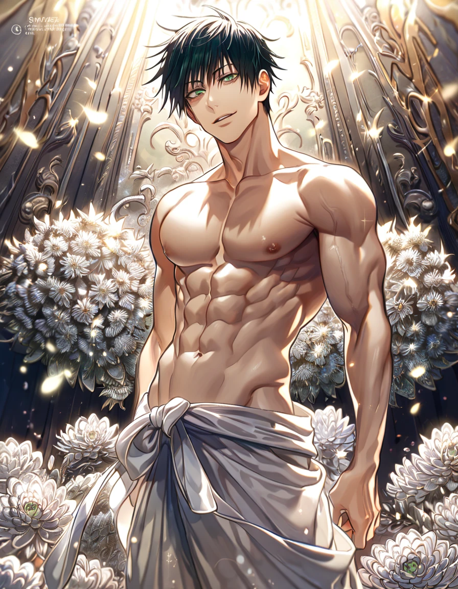 absurdres, highres, ultra detailed, HDR, master piece, best quality, extremely detailed, Fushiguro Touji, straight black hair, expressive green eyes, Jujutsu Kaisen, solo, sexy man, handsome, sensual, smile, toned chest, bare chest, without shirt, white baggy pants, fantasy, sparkling, silver glittering fireflies, silver blossoms, silver chrysanthemums, silver sparkling lights, room, silver petals, magical