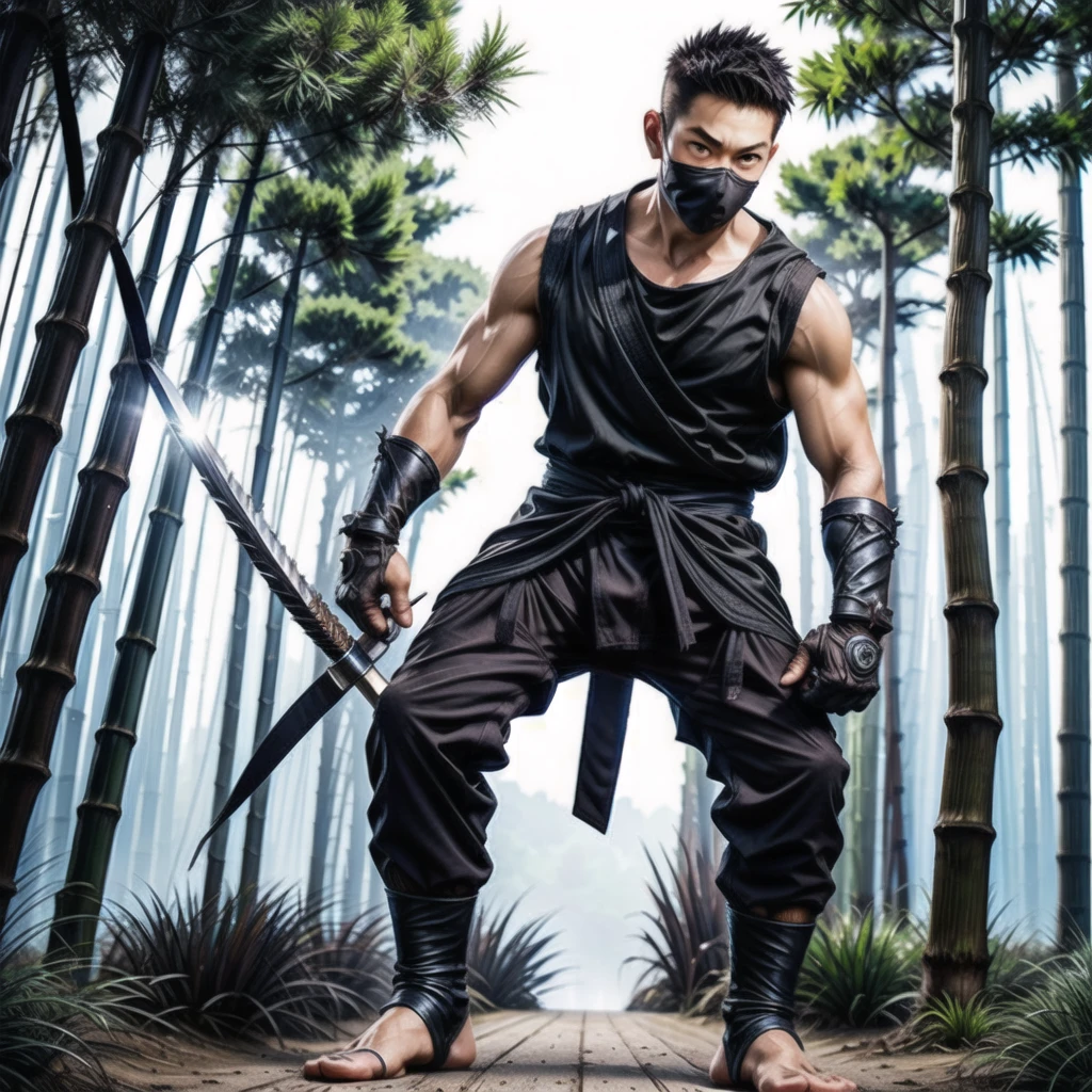(((Cover your nose and neck with black cloth)))、Japanese men、Crotch bulge、dutch angle、((battoujutsu stance,Japanese sword)))、((Sleeveless ninja jacket))、(((Ninja Pants)))、(Arm tattoo)、(((feet out of frame、cowboy shot)))、Muscular、(Glowering look、looking at viewer、big eyes、furious)、((Bamboo grove)、sidecut Spiky hair、、((full body))、 Detailed Background, The finer details、Real、3K、Highest quality