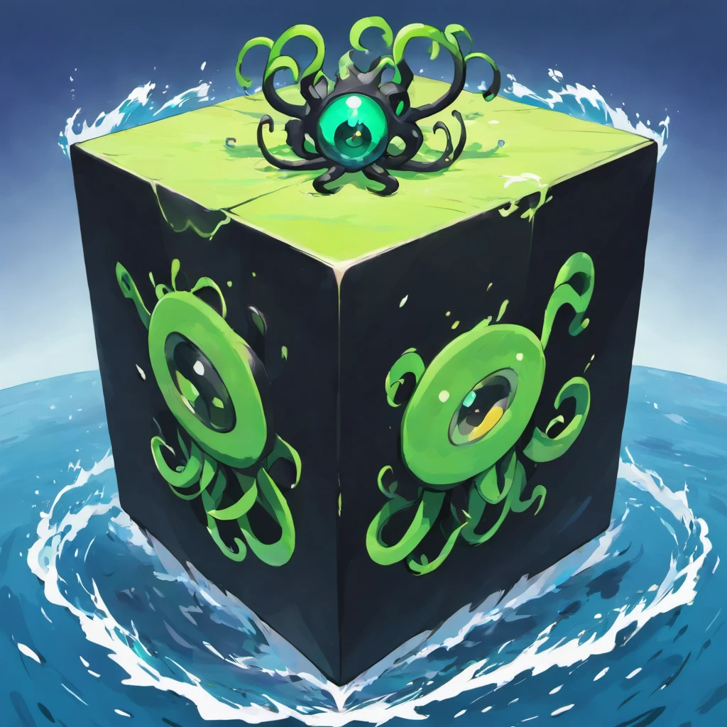 Giant black cube with a green-looking eye with several long, black tentacles,This black cube is giant and is on an island full of monsters