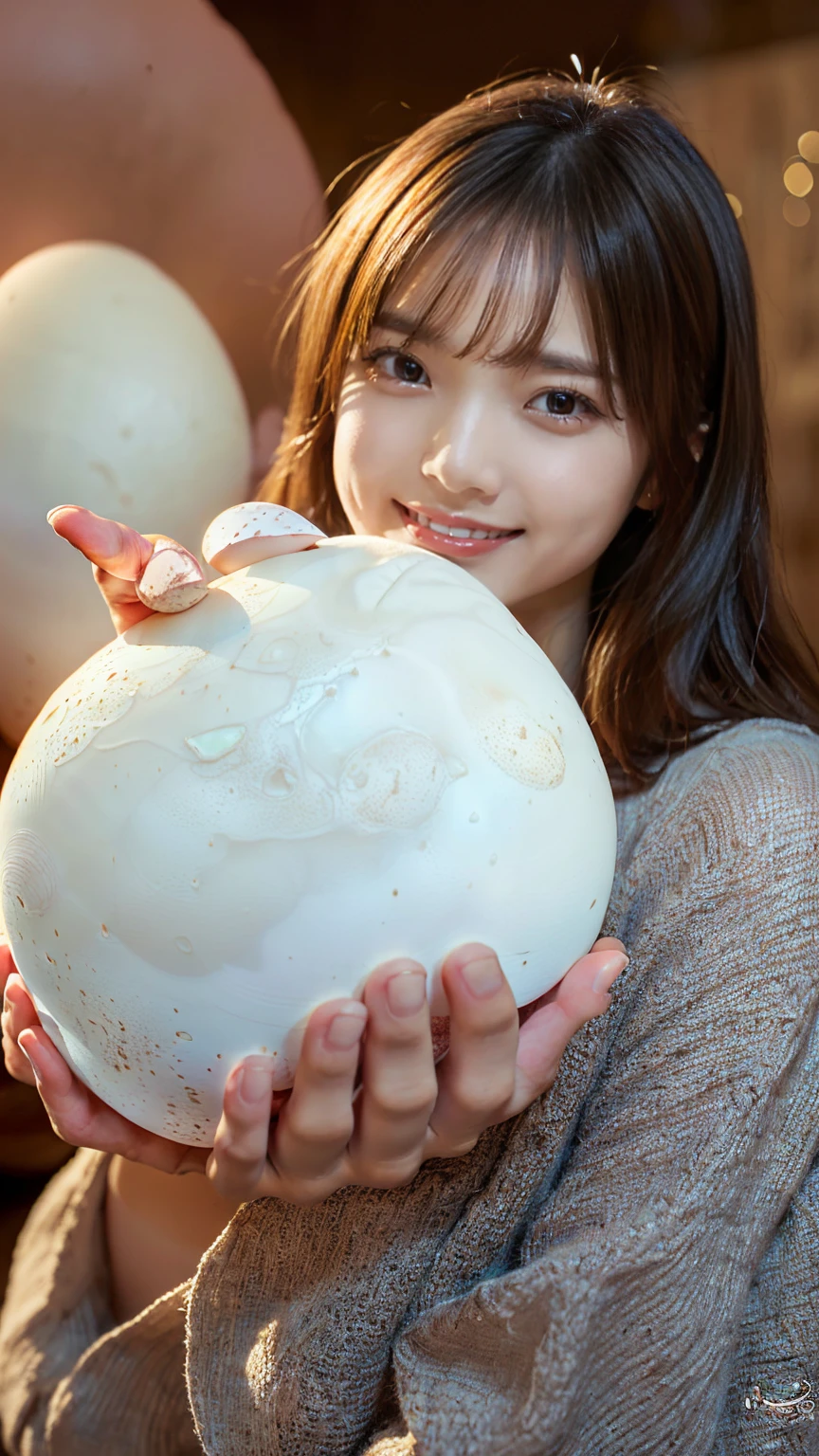 (masterpiece, Highest quality:1.3), smile、(Very detailed:1.2), (hyperRealistic:1.3), (RAW Photos:1.2),High resolution raw color photos, Professional photos, (PhotoRealistic:1.4), (Realistic:1.4),Professional Lighting,、(A hand emerges from a giant egg:1.8)