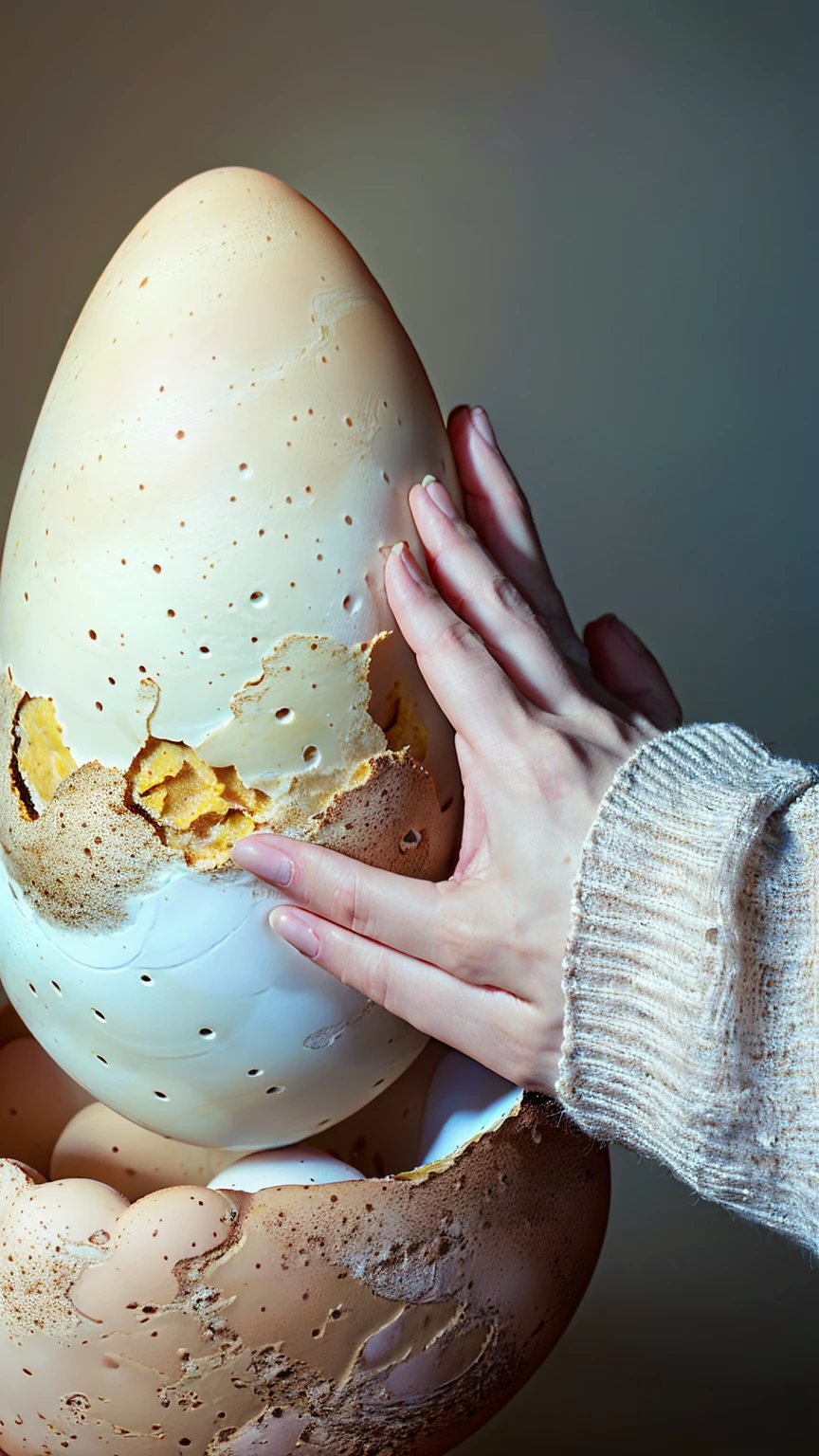 (masterpiece, Highest quality:1.3), smile、(Very detailed:1.2), (hyperRealistic:1.3), (RAW Photos:1.2),High resolution raw color photos, Professional photos, (PhotoRealistic:1.4), (Realistic:1.4),Professional Lighting,、(A hand emerges from a giant egg:1.8)