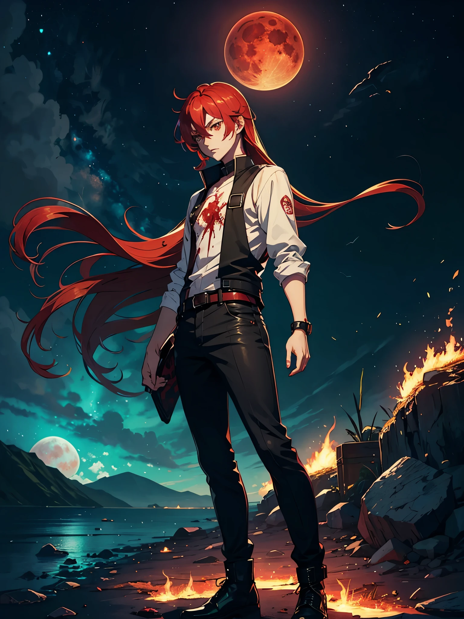 Green fire. 火rote Haare. Red hair. Red eyeliner. Blood Moon. More anime. male. Long hair. Boy.