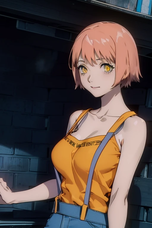 mikura suzuki mezzo forte (amber eyes:1.7), ((short pink hair ), (pert chest:1.2),stretching, arms raised up, waking up to a beautiful Tokyo nightscape, BREAK collarbone, wearing Misty's outfit ((yellow cropped shirt, red suspenders and denim pants)), bare arms, bare shoulders, bare legs, twenty-year old woman BREAK looking at viewer, BREAK outdoors, standing on a building watching the city at night, BREAK (masterpiece:1.2), best quality, high resolution, unity 8k wallpaper, (illustration:0.8), (beautiful detailed eyes:1.6), extremely detailed face, perfect lighting, extremely detailed CG, (perfect hands, perfect anatomy), full body shot