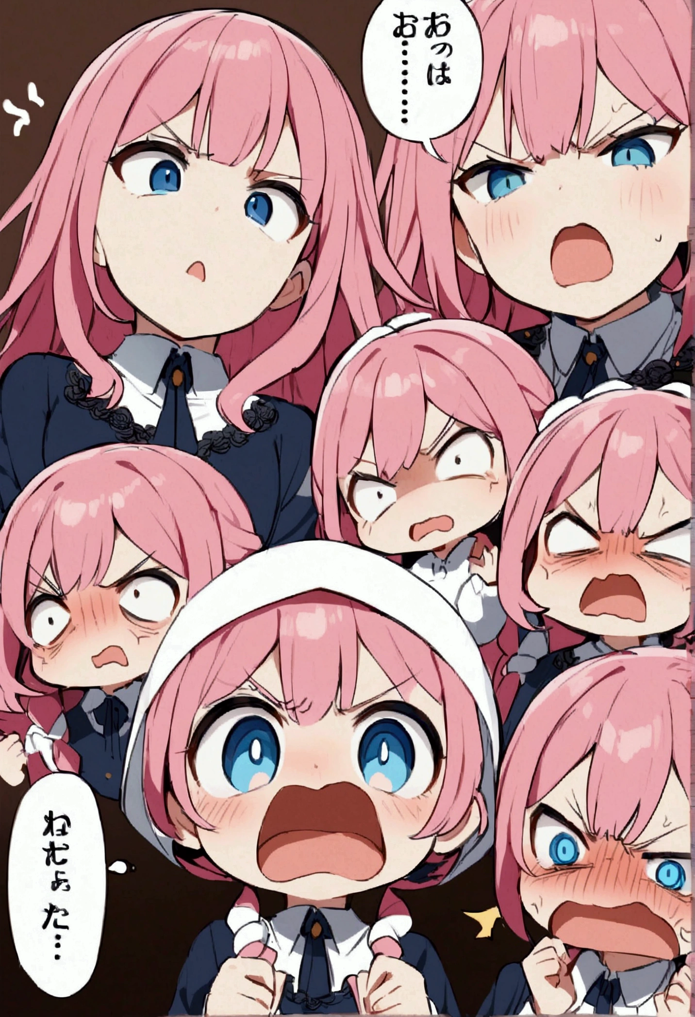 Frustrating, Angry、Pink Hair、blue eyes、Twin Drill