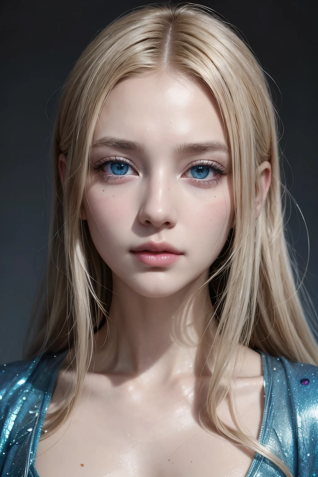 Beautiful supermodel woman with blonde hair, a strand of hair with a slight highlight, grey-blue eyes, mixed medium, paint does not dry, jewel beetle, coloured background, liquid color flowing on your face, photographed by Jingna Chang. --at 6