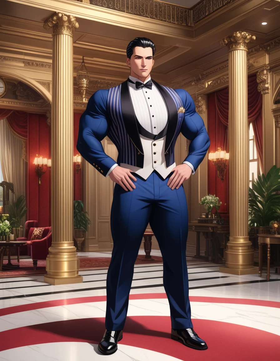 HD, Wallpaper Quality, uber quality, detailed eyes, detailed hair, detailed face, detailed hands, standing, random standing pose, Bigger Build, power lifter Build, Male, man in a butlers outfit, Tuxedo, Slicked back Hair, Black Hair, (((White stripe in hair))), pocket watch, Mansion Background, White floors, Columns, 