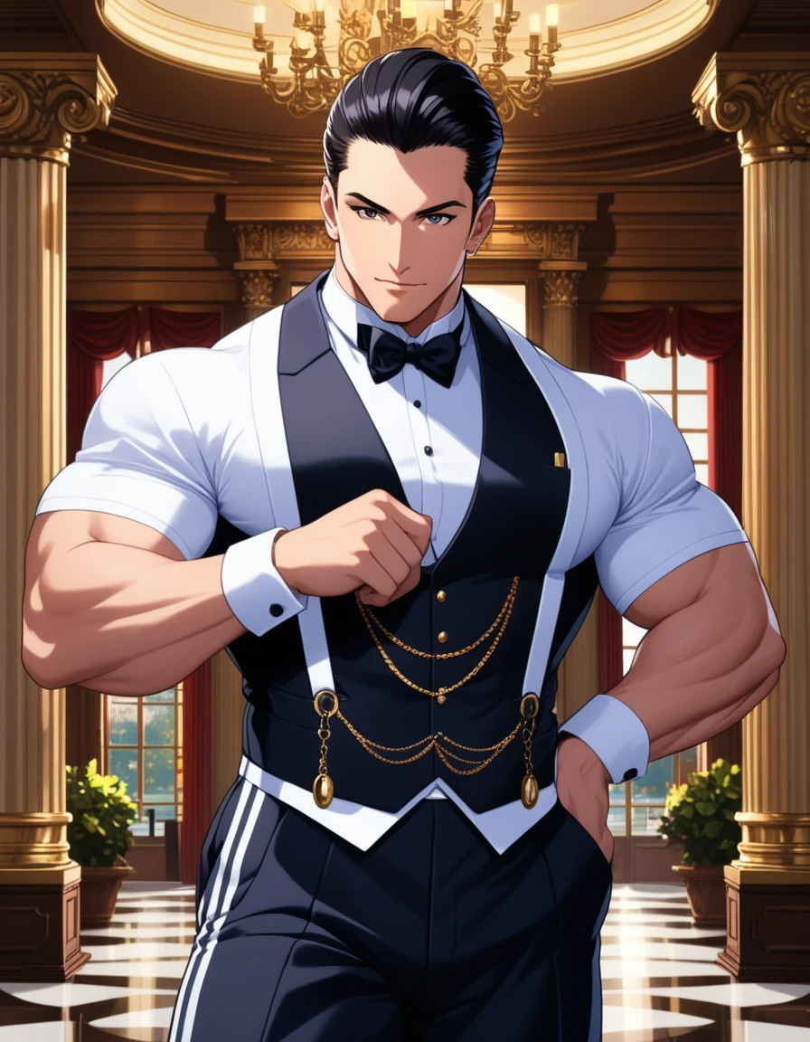 HD, Wallpaper Quality, uber quality, detailed eyes, detailed hair, detailed face, detailed hands, standing, random standing pose, Bigger Build, power lifter Build, Male, man in a butlers outfit, Tuxedo, Slicked back Hair, Black Hair, (((White stripe in hair))), pocket watch, Mansion Background, White floors, Columns, 