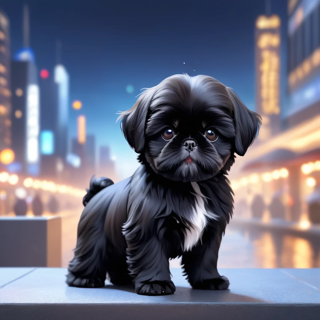 cute black black shih tzu puppies, blurred city background, cute numbers, 3D rendering, bright lights, vivid colors,