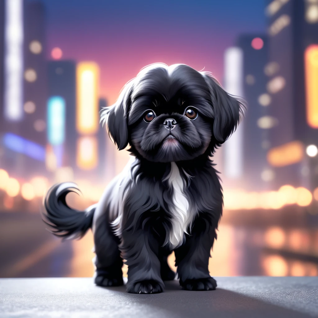 cute black black shih tzu puppies, blurred city background, cute numbers, 3D rendering, bright lights, vivid colors,