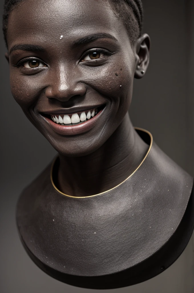a being,humanoid,color gris,with dark spots,hollow eyes,dark,and big white teeth in a smile