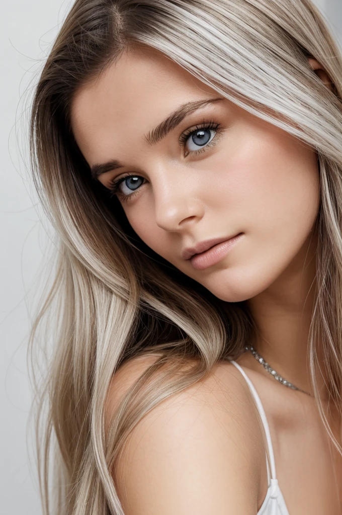 Visage de face d’une jeune femme de 18 ans de type méditerranéenne avec des cheveux mi long de couleur blanc diamant