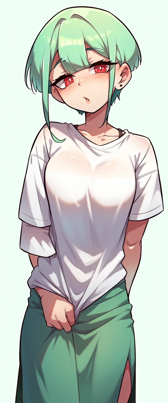 In anime a tall girl beautiful sensual beauty light green hair short cut her red eye wears green top under long white shirt and a long green skirt cute dress 