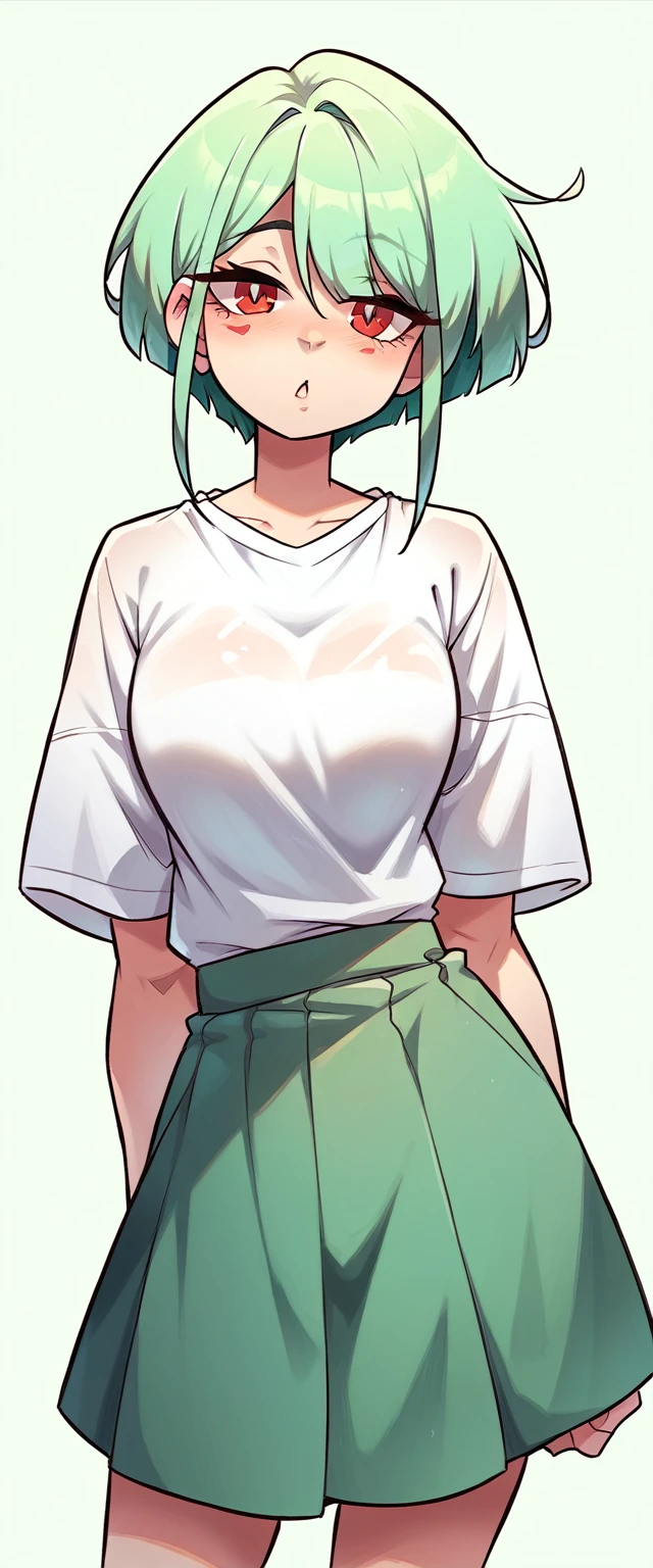 In anime a tall girl beautiful sensual beauty light green hair short cut her red eye wears green top under long white shirt and a long green skirt cute dress 