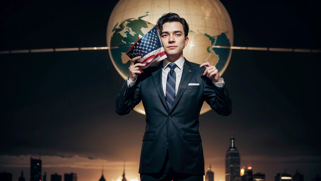 Prompt Title: "English: The Language of Global Power" Prompt Description: Create a YouTube cover that illustrates in a creative and impactful way that conveys an idea of how English became the dominant language on the planet. The image must show a US executive, wearing suit and tie, holding the globe in his hands with a Machiavellian expression and a terrifying smile. Your eyes should glow red, symbolizing influence and control. Ao fundo, glimpses of New York City and the US flag should reinforce the idea of the power and global centrality of the English language.