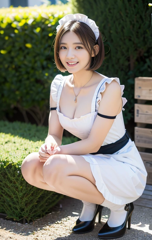 (An intellectual honesty lady with a light-colored maid outfit, taking care of her garden, squatting with grace at a maid-theme cafe, friendly body lanugage, kind smile, positive vibes, full body shot, bokeh background, wearing high heels, cross necklance, short bob hair, squatting pose, family-friendly masterpiece, (best quality,4k,8k,highres,masterpiece:1.2),ultra-detailed,(realistic,photorealistic,photo-realistic:1.37),detailed facial features,beautiful detailed eyes,beautiful detailed lips,extremely detailed face,longeyelashes,maid uniform,maid cafe interior,studio lighting,vivid colors,warm lighting)