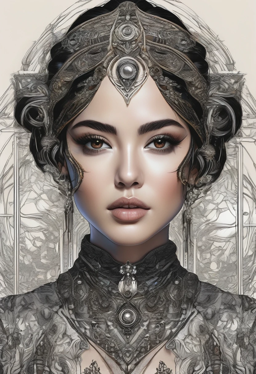 young human female rouge of portraits, perfect balance of form and function, suspicous gaze eyes, black hair, messy bun, dark brown eyes, stylish prcatical clothing, fantasy of picture frame, RGB lighting dances across the sleek lines and intricate components, (((intricate detail matte paint of super illustration:1.3))), creating visual masterpiece will take breath away, fine detail brush stroke of pencil, Get ready to be amazed coloring, stunning fine details and delicate mesmerizing renderings, very own custom designed, tonal contrast, natural lighting, occultism cinematic still like, inside the temple of detail dark fantasy, correct and punctuality brush stroke, highly quality, accurate and polite crossover layer, oil paint coloring, gel ink coloring, grunge, gouache coloring,