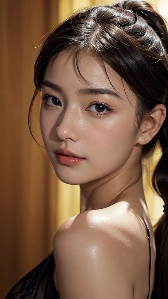 Lipstick in hand,Cosmetics commercial style,Commercial filming studio,close up face,fully body photo,masutepiece, The highest image quality, High quality, the background is clear,Beautiful woman, Japanese, Detailed, Ultra-detailed, finely detail, hight resolution, 8K Wallpaper, Perfect dynamic composition, Beautiful detailed eyes ,Detailed eyes, Detailed skin, Beautiful skin, 超hight resolution, (reality: 1.4),Very beautiful woman, Slightly younger face, Beautiful skin, slender, (Ultra photo realsisim), (hight resolution), (8K), (Very detailed) (beautifully detailed eyes), (super detailed), (Detailed face), view the viewer, Fine details, Detailed face, Staring straight ahead, Staring straight ahead, photos realistic, Bright lighting, Professional Lighting, Black hair,poneyTail,a baby face,sixteen years old,Hairstyle: ponytail,Long ponytail hairstyle,slight smile,