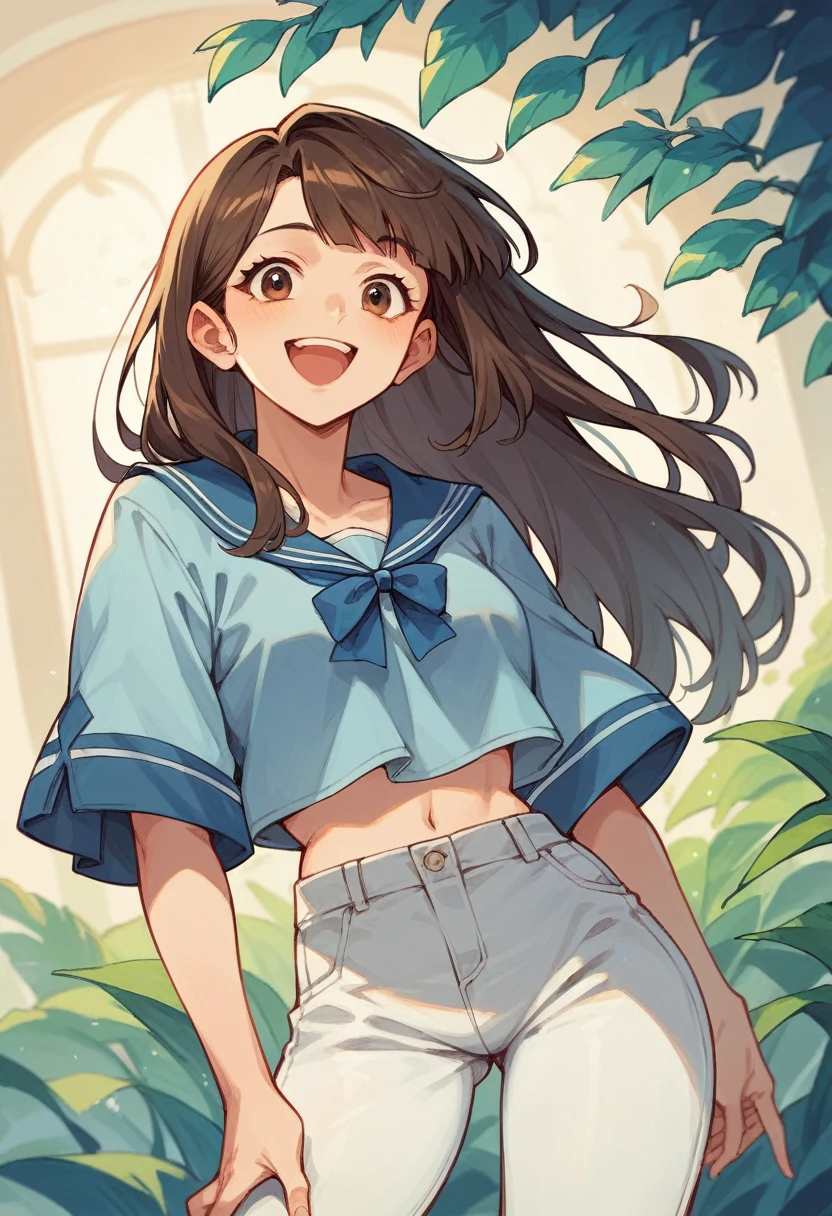 create a cartoon of a brunette woman dressed in light blue, blue and white (with light blue blouse and white pants) on the malecon 2000 in Guayaquil , happy and content looking at the sea