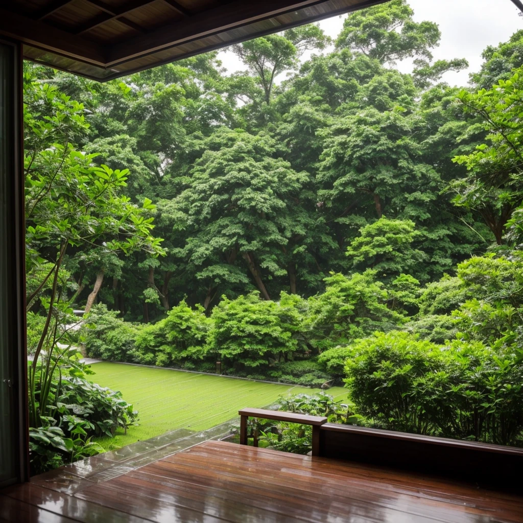 Summer Afternoon、The evening shower begins、Heavy rain and thunder seen from the window。Green in the garden after the rain has stopped、A rainbow in the sky、A cool breeze blows through the scenery。