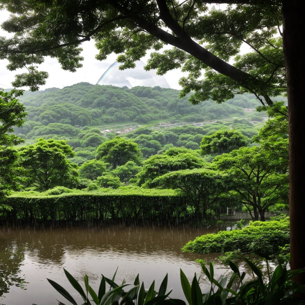 Summer Afternoon、The evening shower begins、Heavy rain and thunder seen from the window。Green in the garden after the rain has stopped、A rainbow in the sky、A cool breeze blows through the scenery。