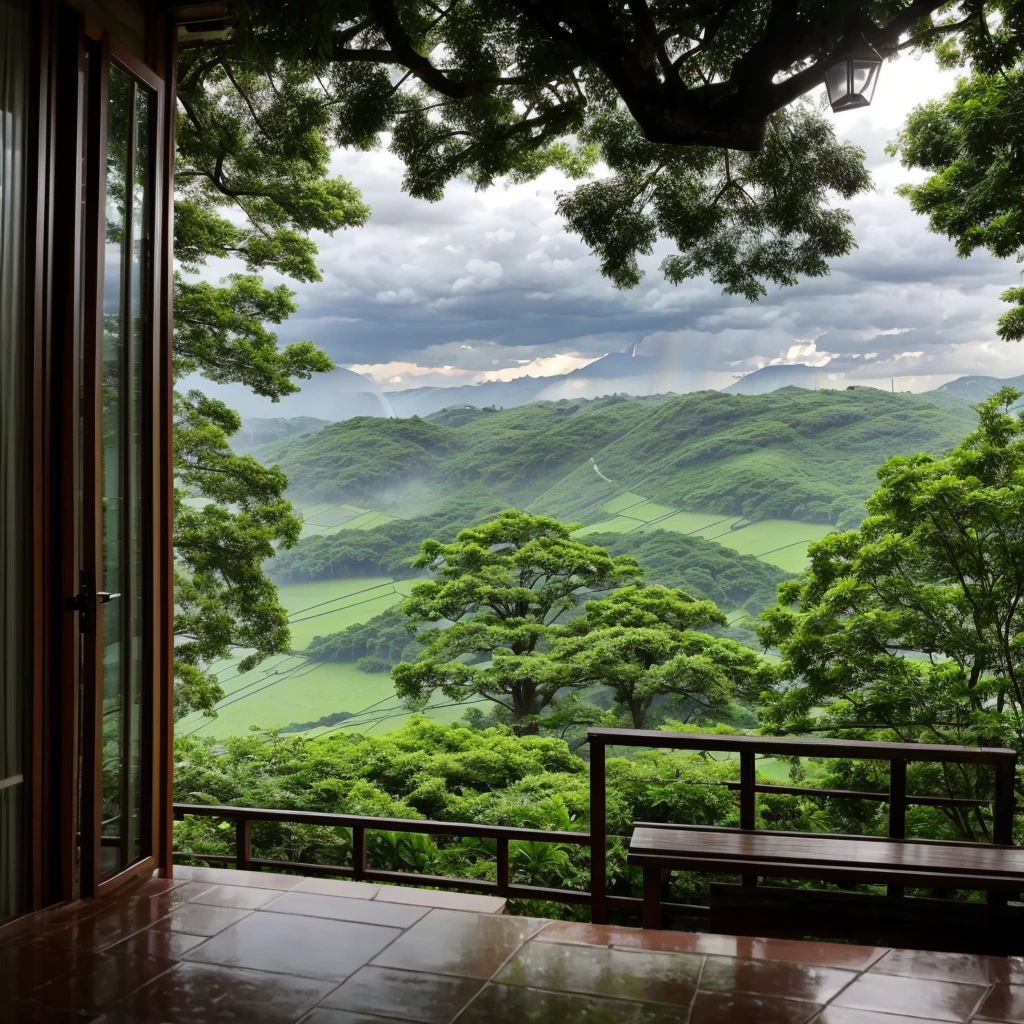 Summer Afternoon、The evening shower begins、Heavy rain and thunder seen from the window。Green in the garden after the rain has stopped、A rainbow in the sky、A cool breeze blows through the scenery。