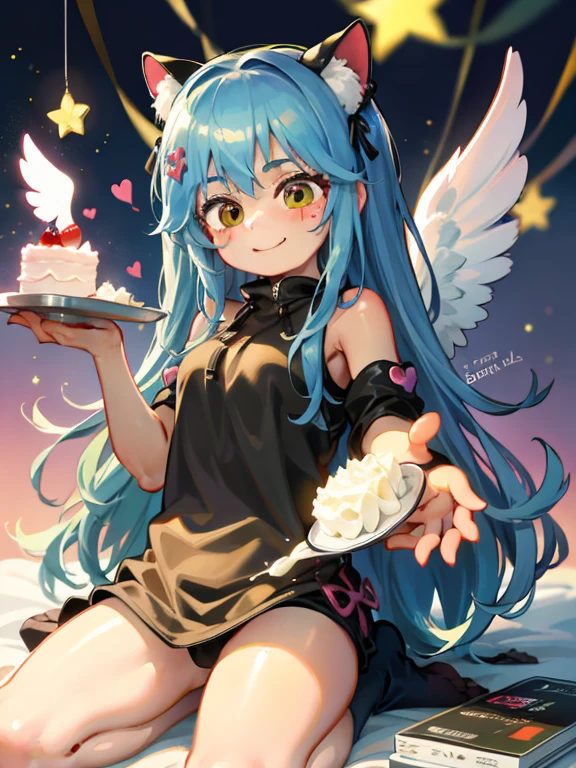 A girl with a cake, smile, Angel, Wings, beautiful, hearts, pastel