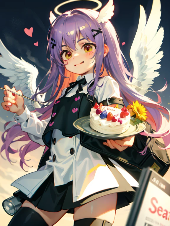 A girl with a cake, smile, Angel, Wings, beautiful, hearts, pastel