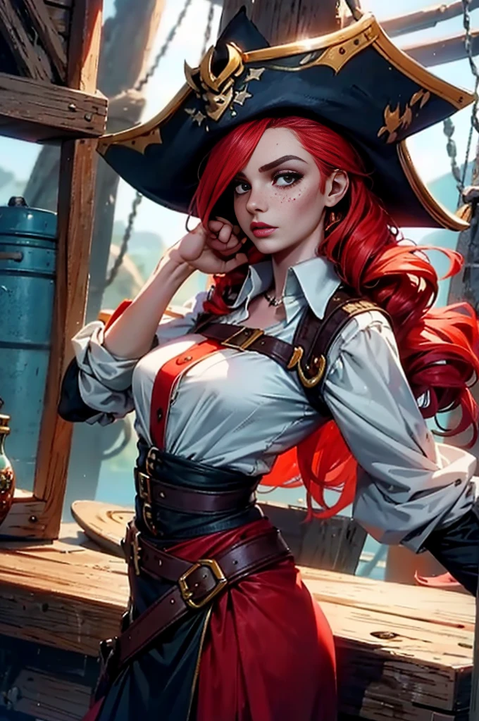 Ginger woman,1girll,freckles,28 year old,Red hair,double tails, Practical pirate clothing, (Long-sleeved pirate top), Skirt,Torn pirate hat, view the viewer, fantasy,Cinematic lighting,Masterpiece,