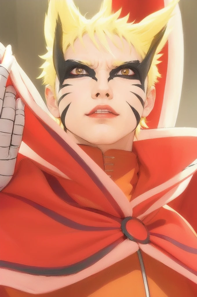 a close up of a person with a red cape and a red cape, joker as naruto, naruto uzumaki, from naruto, naruto from naruto, naruto artstyle, joker looks like naruto, nine tails, realistic closeup, naruto, naruto, uzumaki, tiger iris eyes, black makeup around the eyes, naruto god mode, hands in front of shoulders, hands covered in white bandages