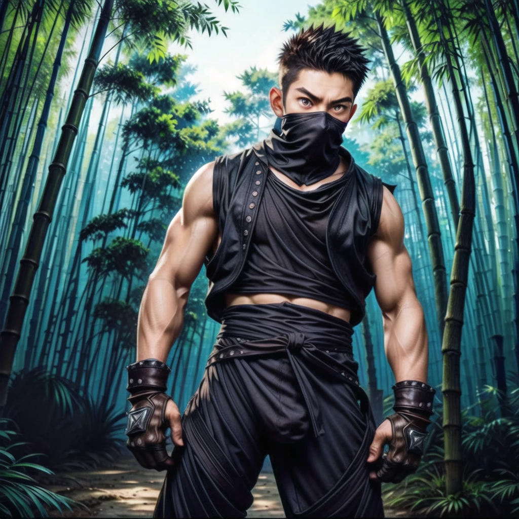 (((Cover your nose and neck with black cloth)))、Japanese men、Crotch bulge、dutch angle、((battoujutsu stance,Shuriken)))、((Sleeveless ninja jacket))、(((Ninja Pants)))、(Arm tattoo)、(((feet out of frame、cowboy shot)))、Muscular、(Glowering look、looking at viewer、big eyes、furious)、((Bamboo grove)、sidecut Spiky hair、s old、((full body))、 Detailed Background, The finer details、Real、3K、Highest quality