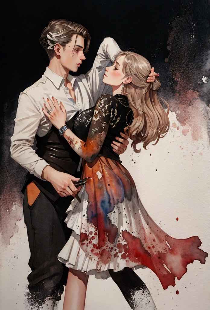 Warm painting with splatter background and spray effect, by Eugeniusz Zak, watercolor art. Europe, a young man and a girl dancing rock and roll on a dark neutral background, by Karoly Lotz, watercolor, watercolor style, detailed watercolor art, by Ruben Tam, digital watercolor painting, watercolor, highly detailed watercolor, watercolor art, Grzegorz Rutkowski